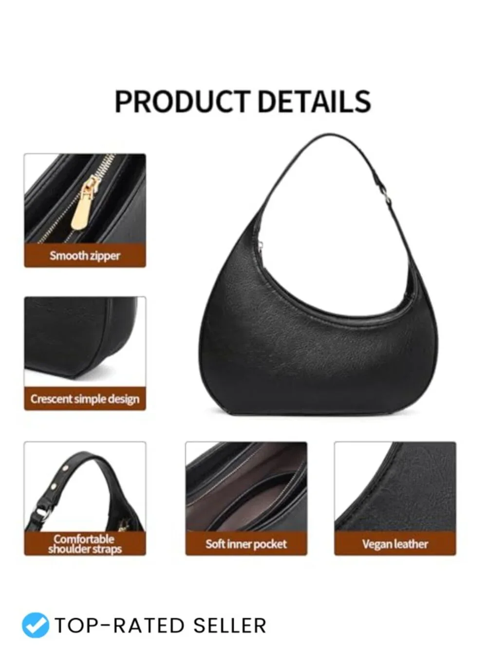 Small Vegan Leather Hobo Crossbody Purse with Zip Closure